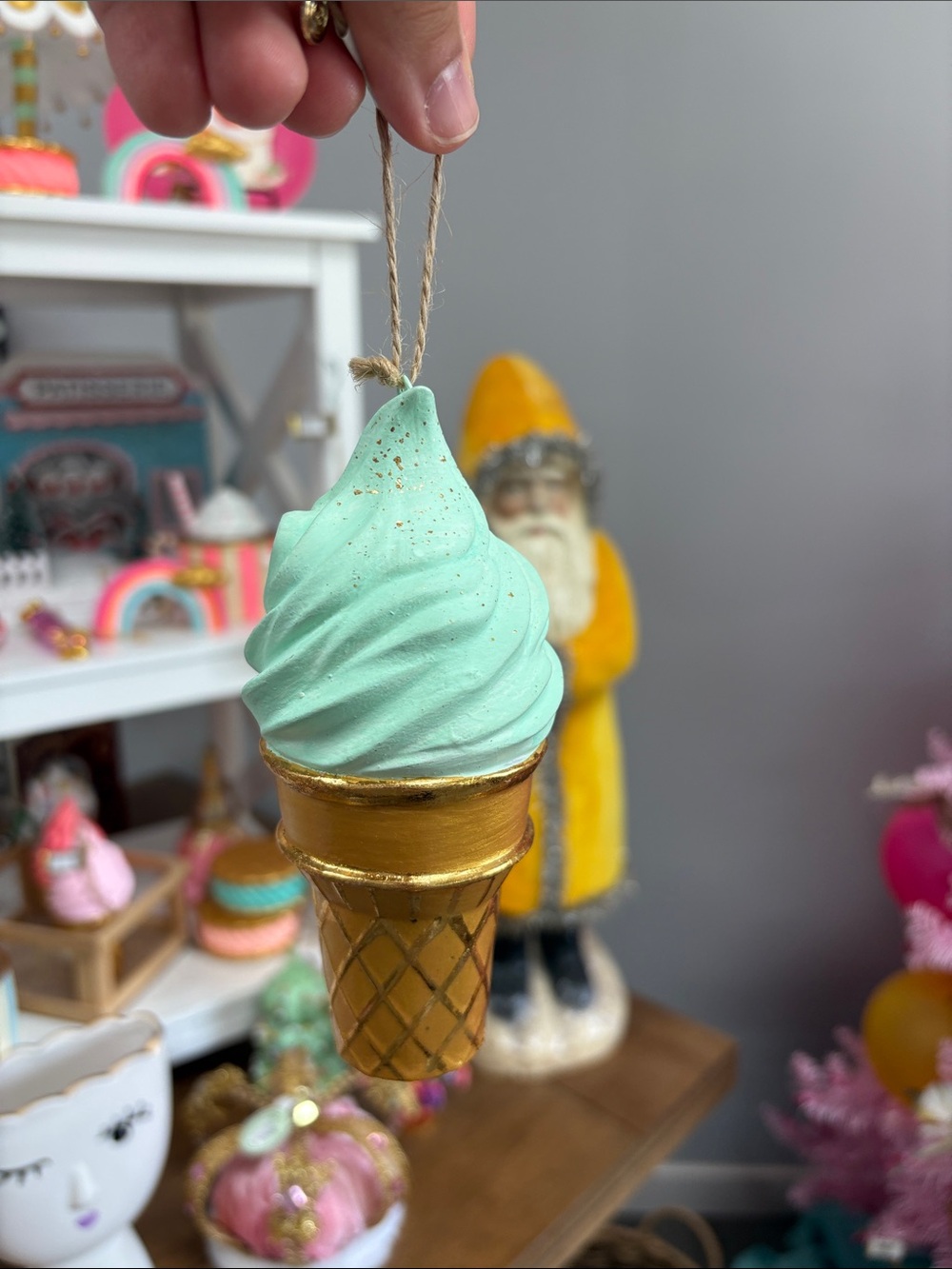 Mint Soft Serve Ice Cream Ornament - Gold Cone by Glitterville